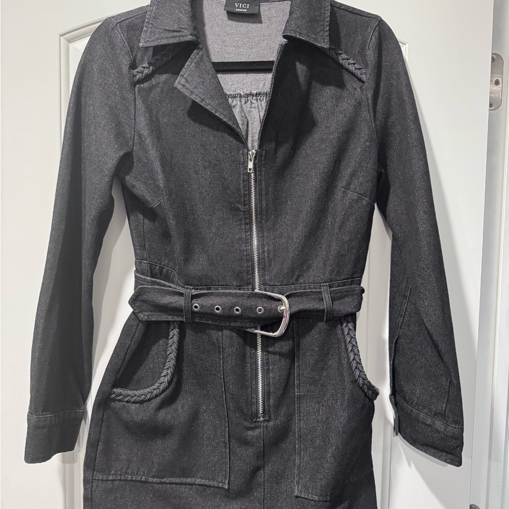 VICI Black Belted Zip-Front Denim Dress